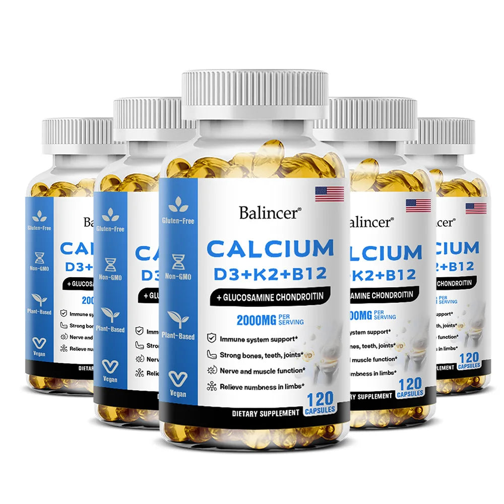 Calcium Capsules with Vitamin D3, K2 & B12 – 120 Count Vitamin Supplement Qst 120 count-5 bottle
