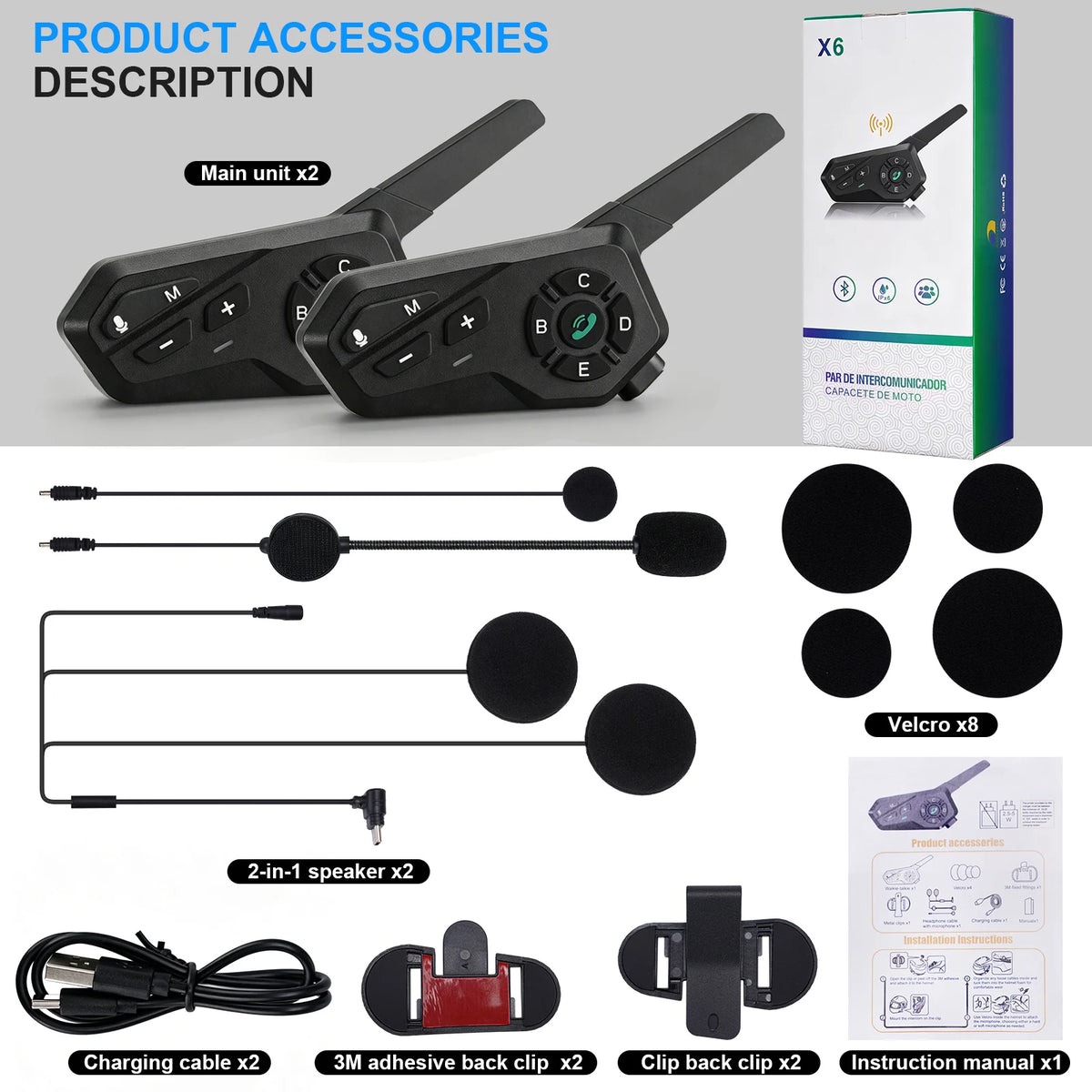 Motorcycle Helmet Bluetooth Headset – 6-Rider Intercom & FM Helmet Bluetooth Headset Qst 2Pcs