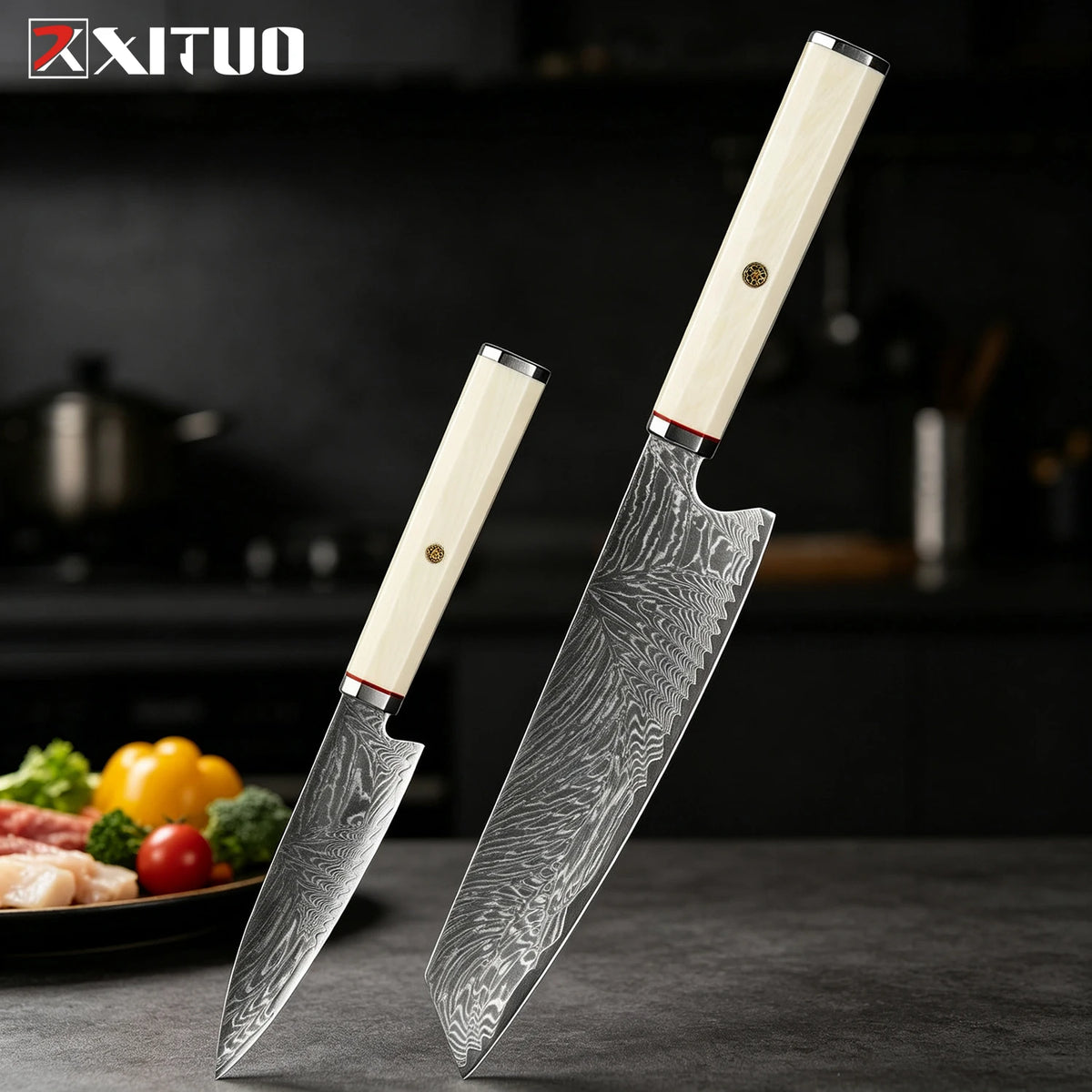 XITUO Damascus Steel Kiritsuke Knife Set – Ivory Handle Kitchen Knife Set Qst 2PCA