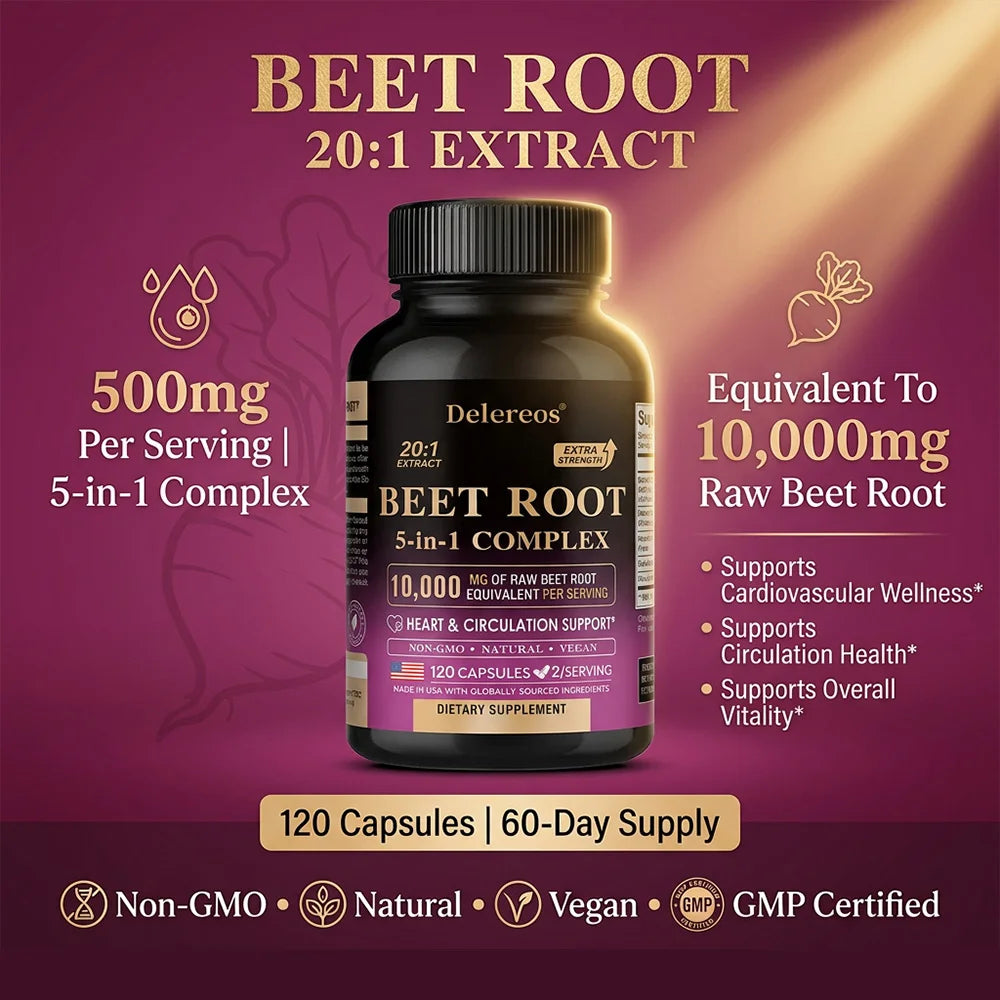 Organic Beetroot Extract Capsules 500mg | Energy & Heart Wellness Herbal Supplement Qst