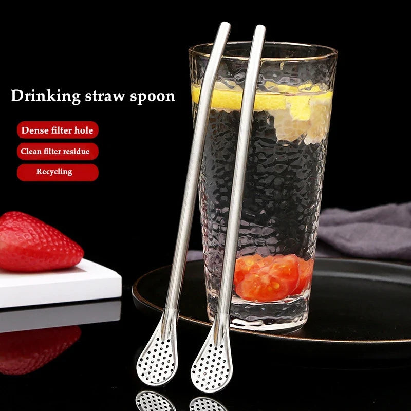Reusable Stainless Steel Straw Spoon & Tea Filter – 3-in-1 Reusable Drinking Straw Qme