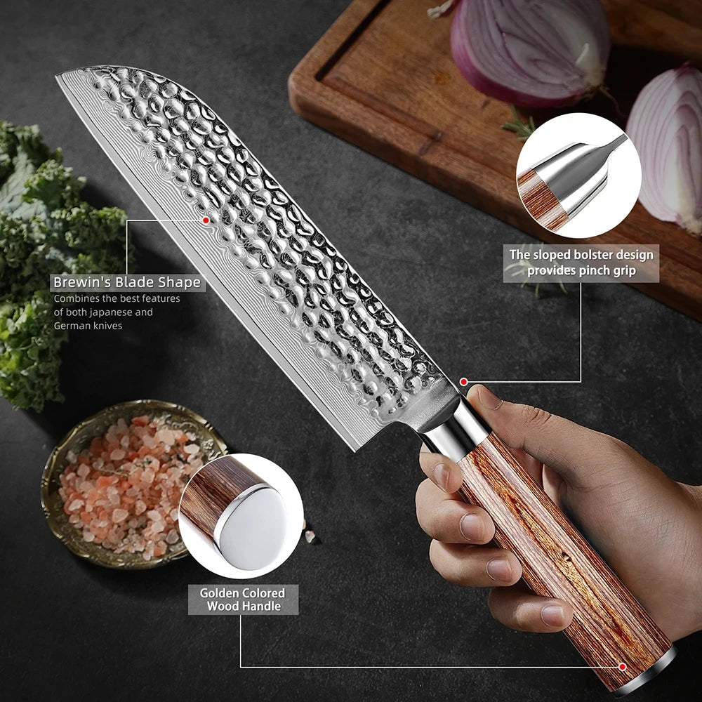 XITUO Damascus Steel Kitchen Knife Set – Gold Wood Handle Kitchen Knife Set Qst