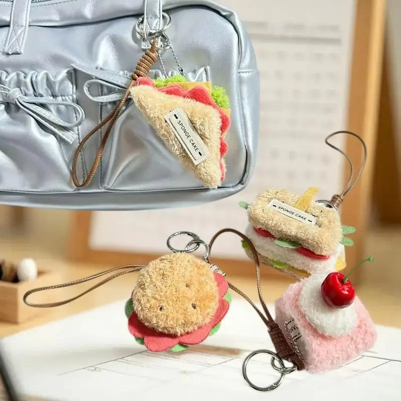 Food Plush Keychain – Hamburger, Sandwich & Cake Charm Novelty Plush Keychain Qme
