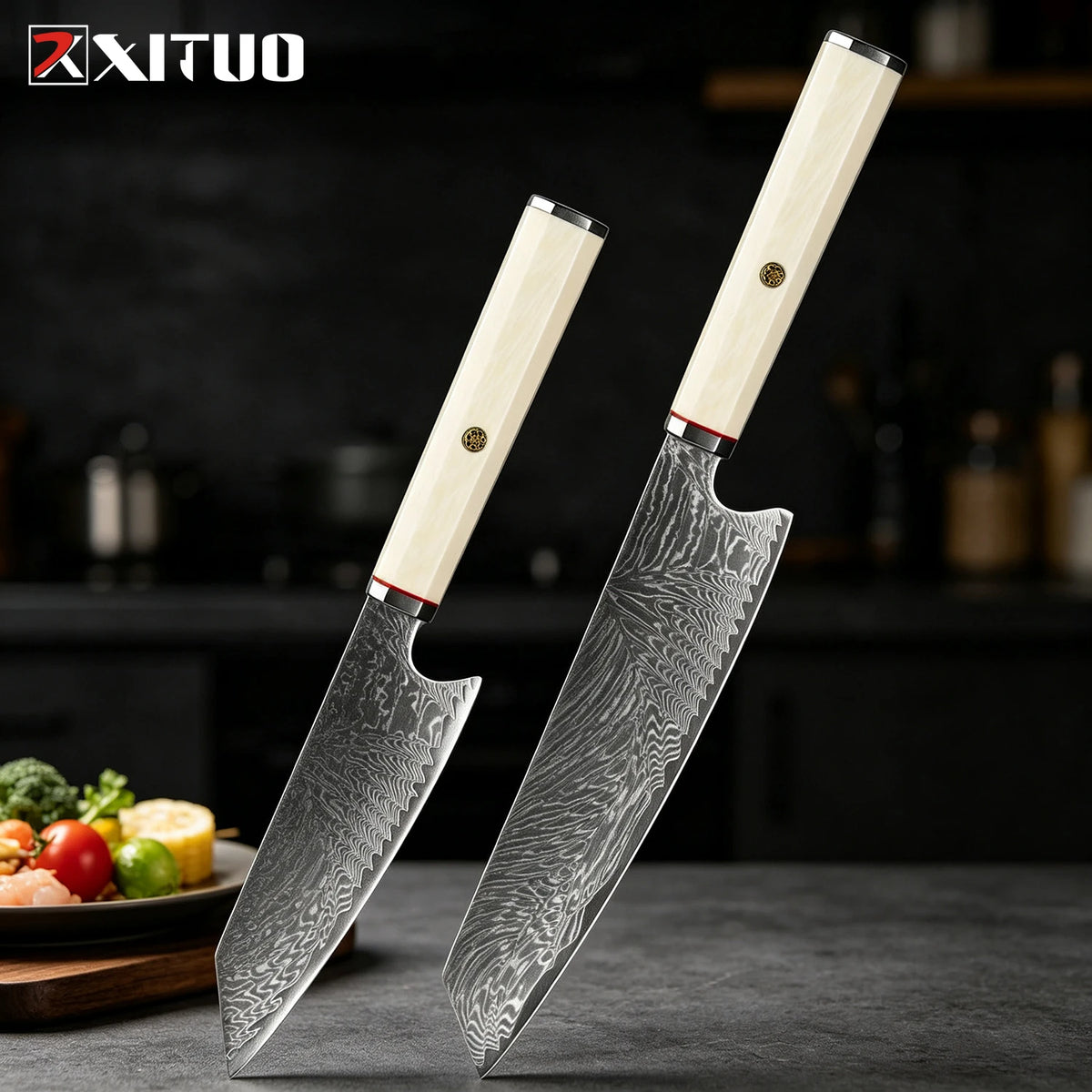 XITUO Damascus Steel Kiritsuke Knife Set – Ivory Handle Kitchen Knife Set Qst 2PCB