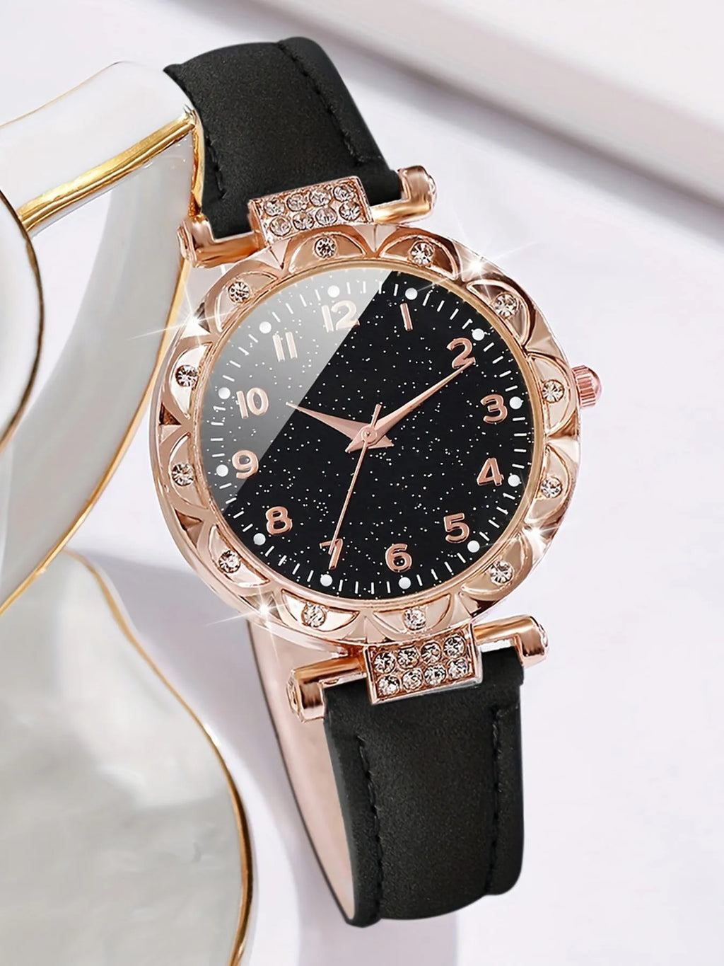 Rose Gold Women's Quartz Watch & Black Bracelet Set | Qme Watch & Bracelet Set Qme