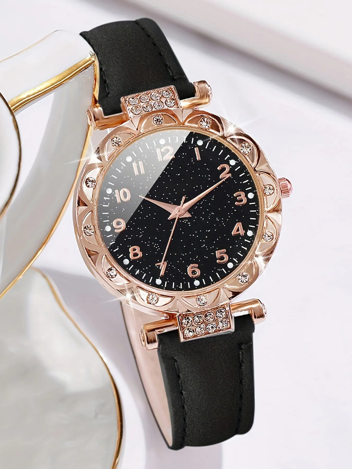 Rose Gold Women's Quartz Watch & Black Bracelet Set | Qme Watch & Bracelet Set Qme