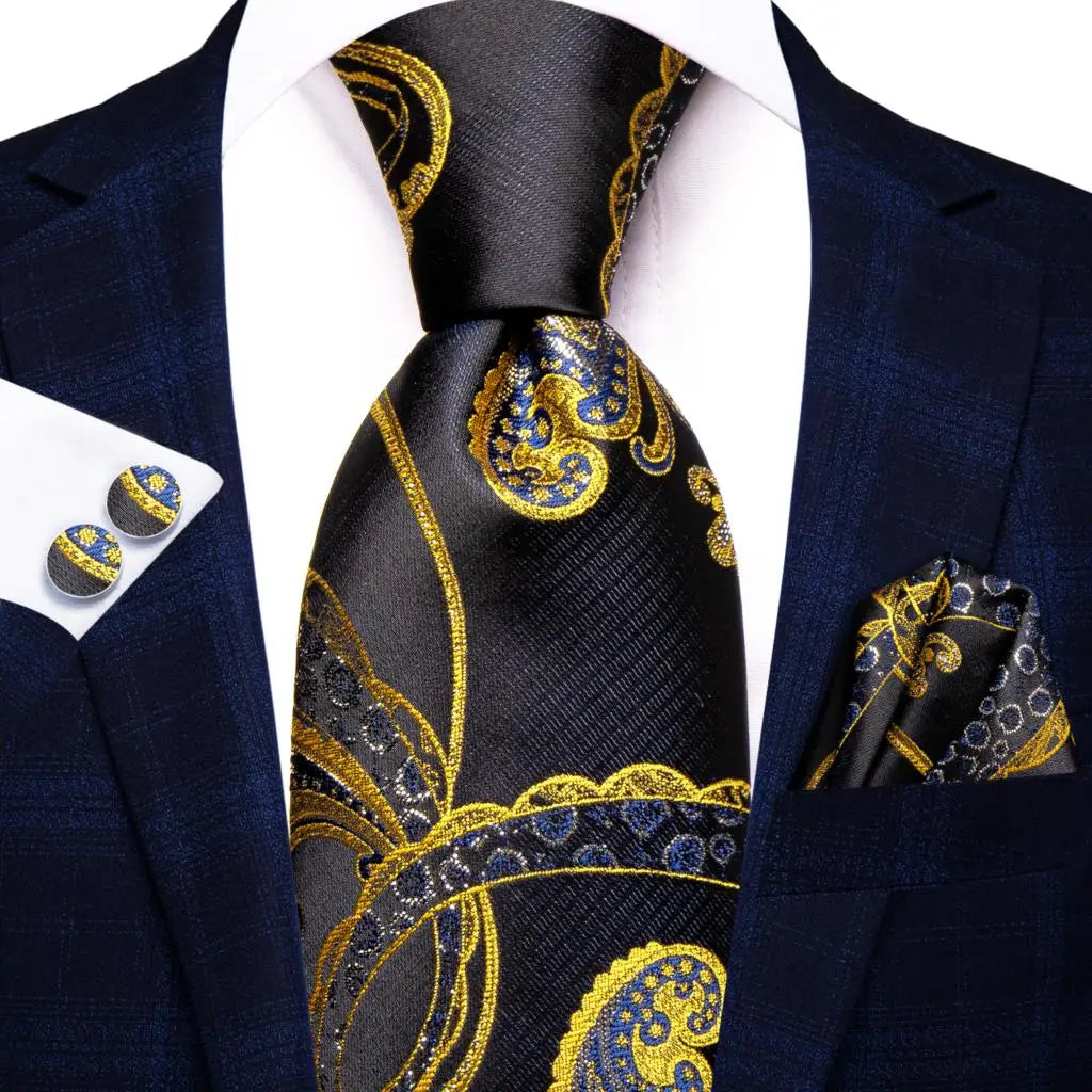 Hi-Tie 100% Silk Black Gold Jacquard Wedding Necktie Set