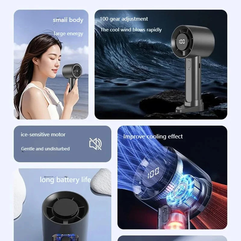 Mini Portable Handheld Fan LED Display 100 Speeds USB Rechargeable Portable Handheld Fan Qst