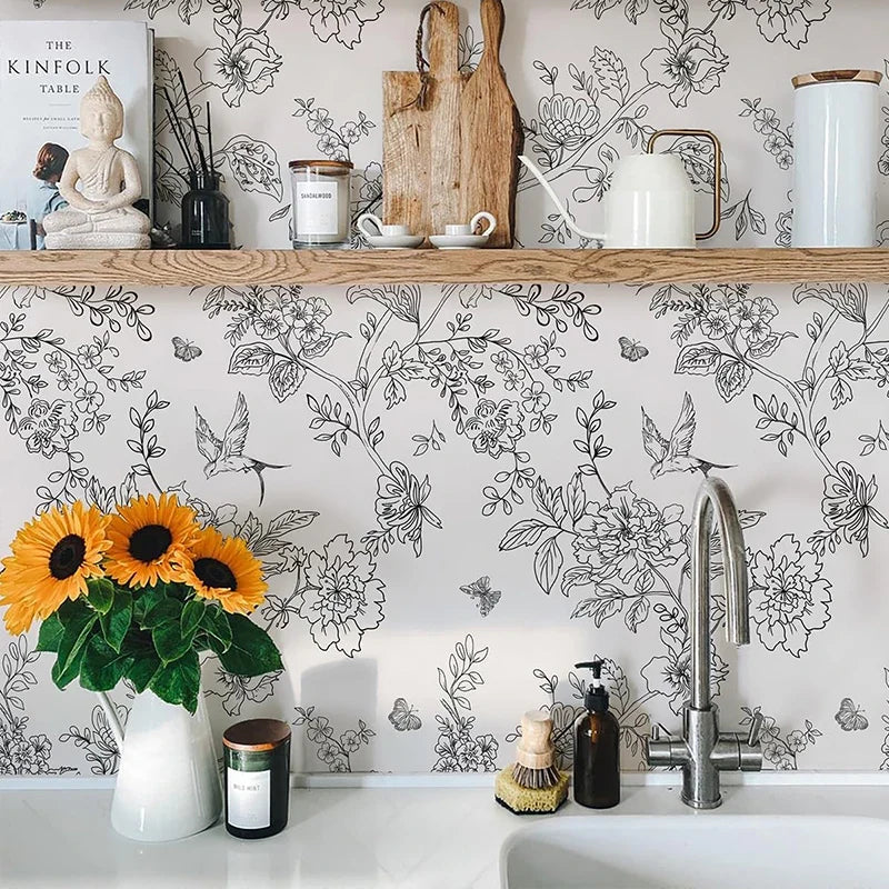 Black & White Floral Peel and Stick Wallpaper | DIY Contact Paper Peel & Stick Wallpaper Qme