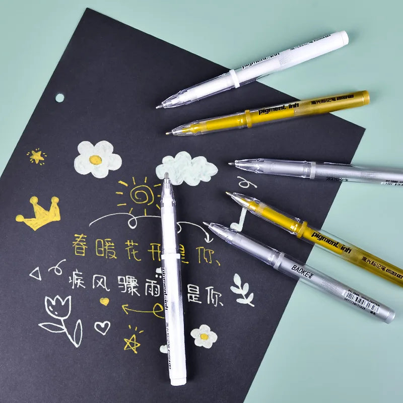 Metallic Gel Highlight Marker Pens – White, Gold & Silver Ink Metallic Gel Marker Pens Qme