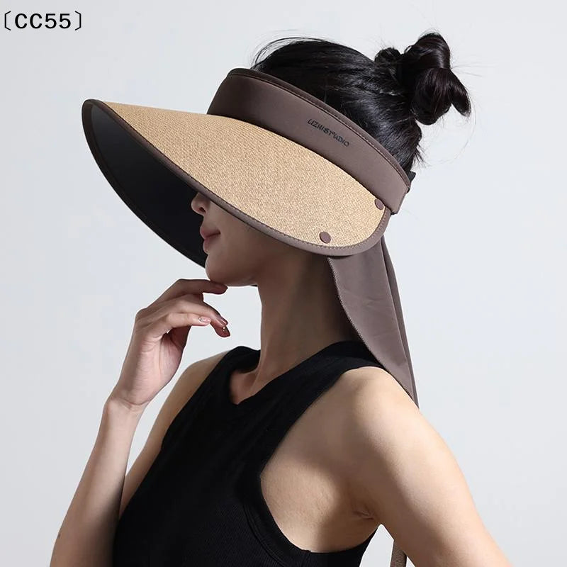 Women's Wide Brim Straw Sun Hat with Removable UV Shawl Wide Brim Sun Hat Qst