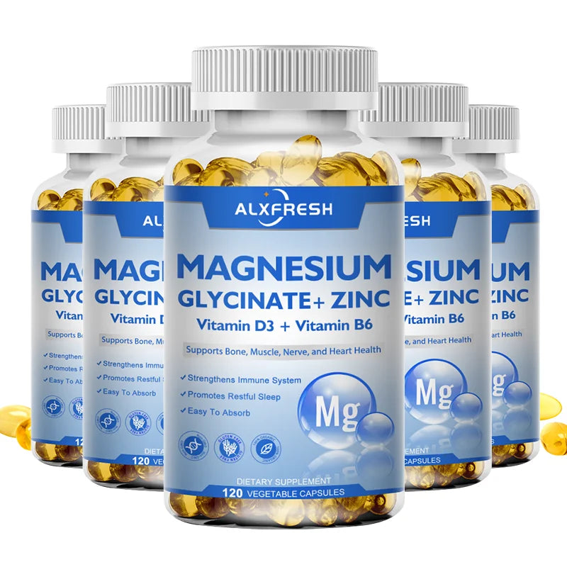 Magnesium Glycinate 500mg with D3, B6 & Zinc | ALXFRESH Magnesium Supplement Qst 5 Bottle 60pcs