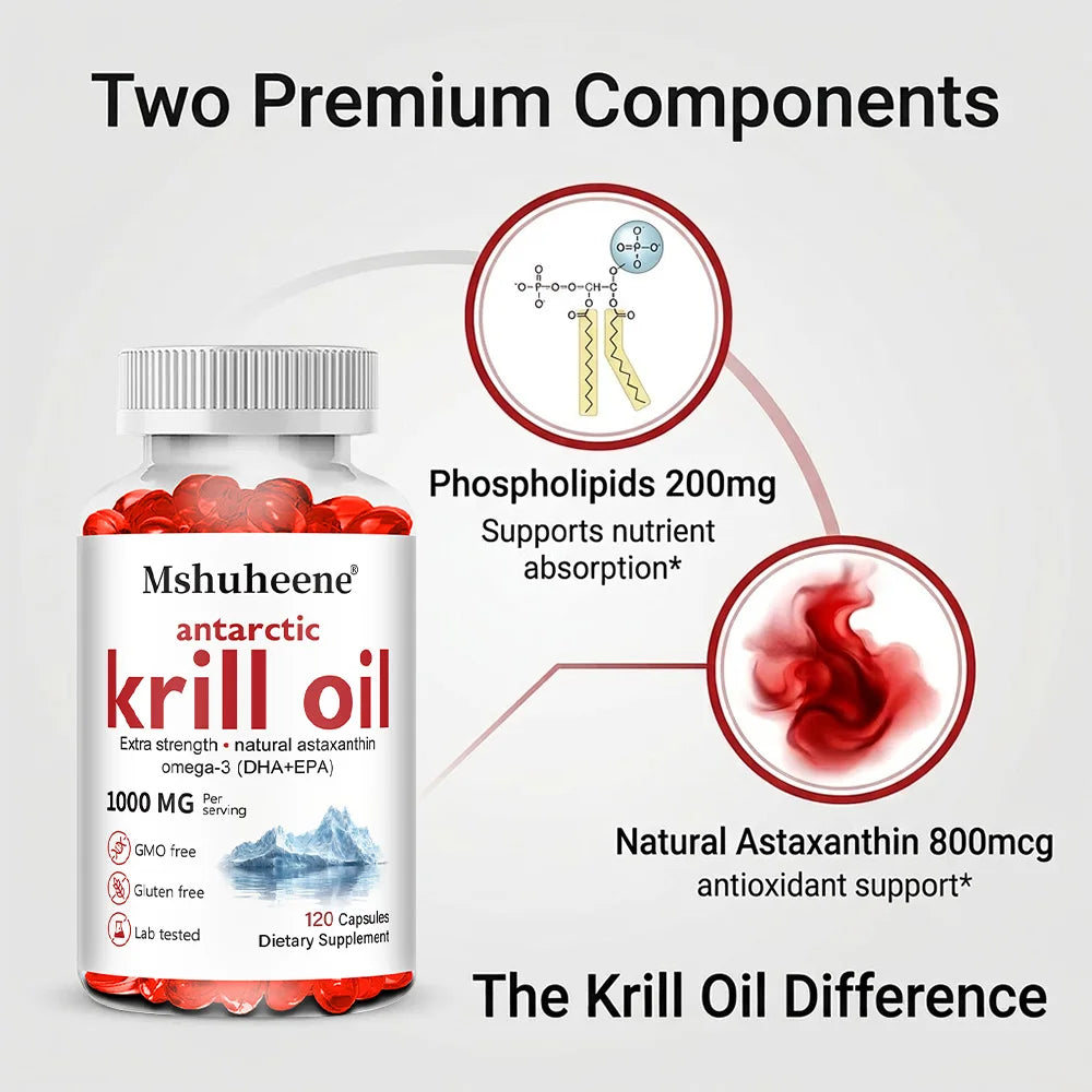 Krill Oil 1000mg Capsules – Omega-3 EPA DHA Astaxanthin Krill Oil Supplement Qst