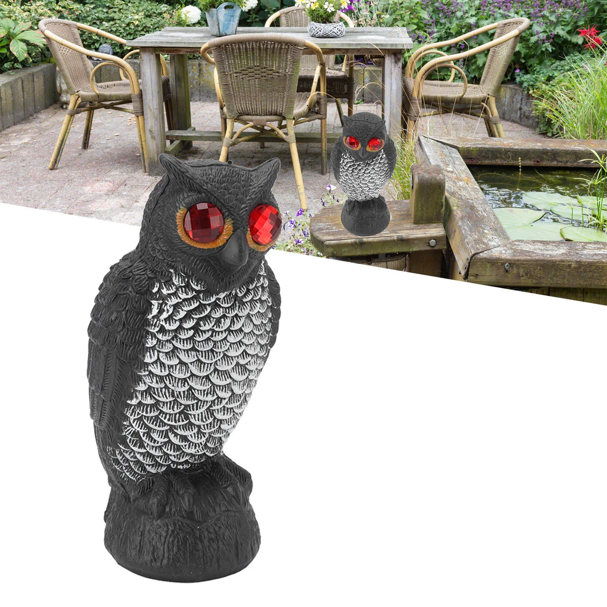 Owl Decoy Bird Deterrent – Plastic Scare Owl with Red Eyes Garden Bird Decoy Qme