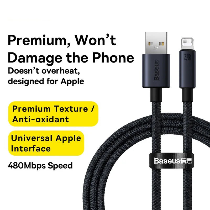 Baseus 2.4A Fast Charge USB Cable for iPhone – Nylon Braid USB Charging Cable Qst