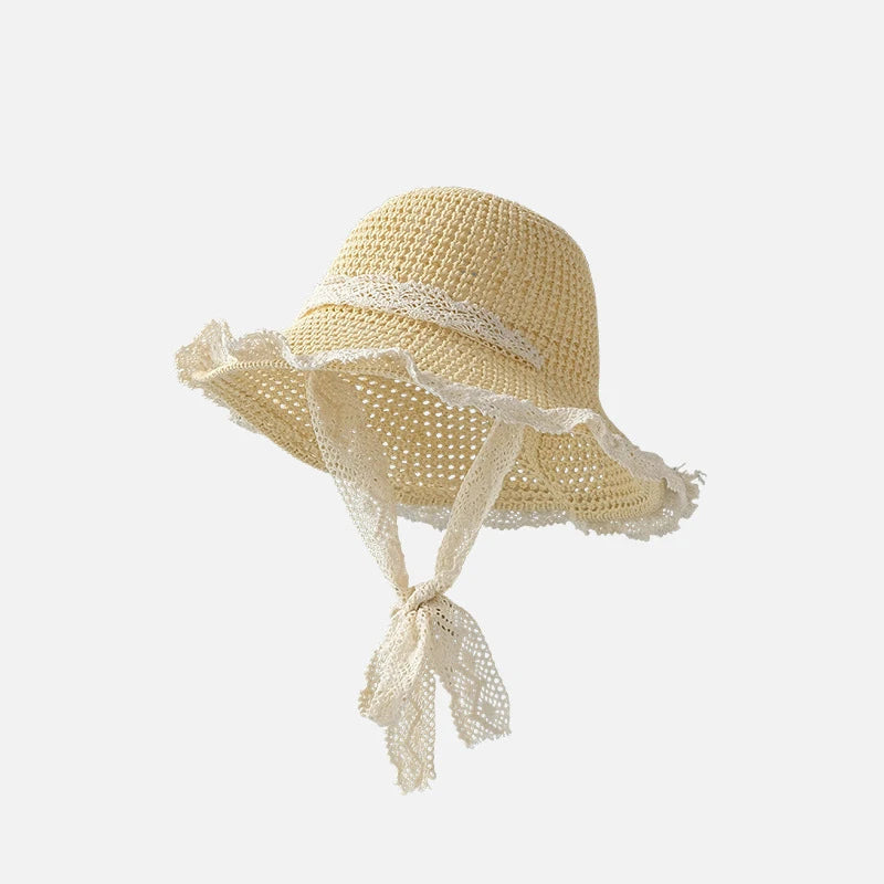 Women's Foldable Wide Brim Lace Straw Beach Sun Hat Wide Brim Sun Hat Qst one size beige
