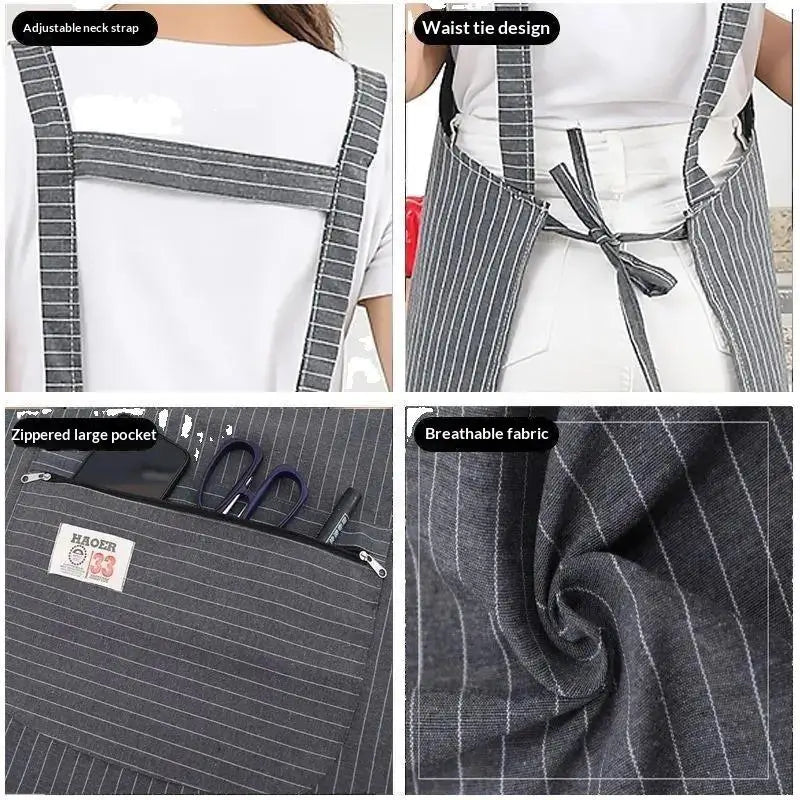 Striped Linen-Cotton Apron – Zippered, Oil-Resistant & Breathable Kitchen Apron Qst