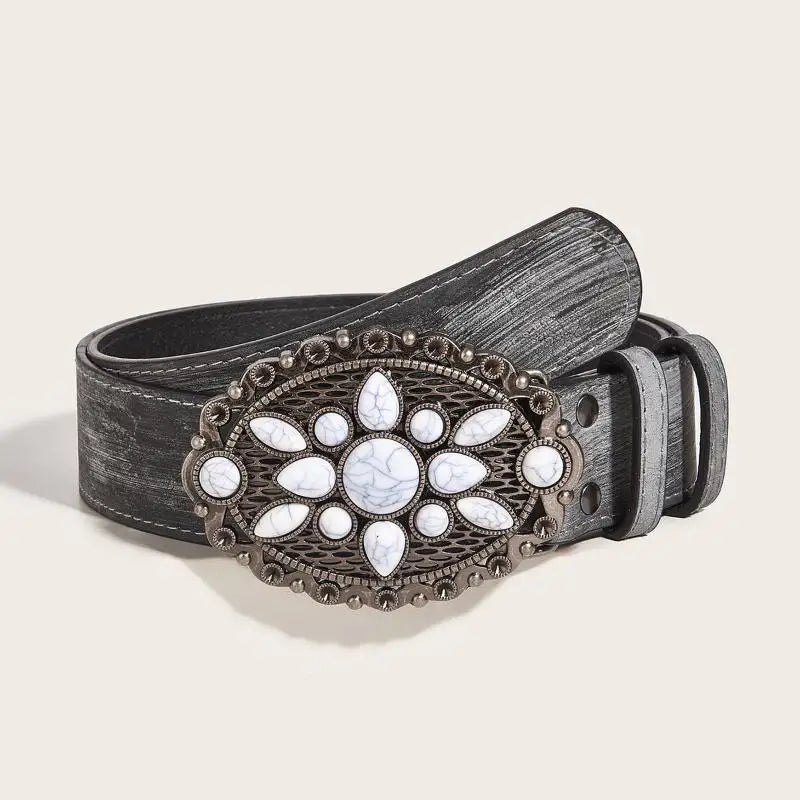 Vintage Boho Western Belt – White Stone Buckle Embossed Leather Boho Leather Belt Qst A1