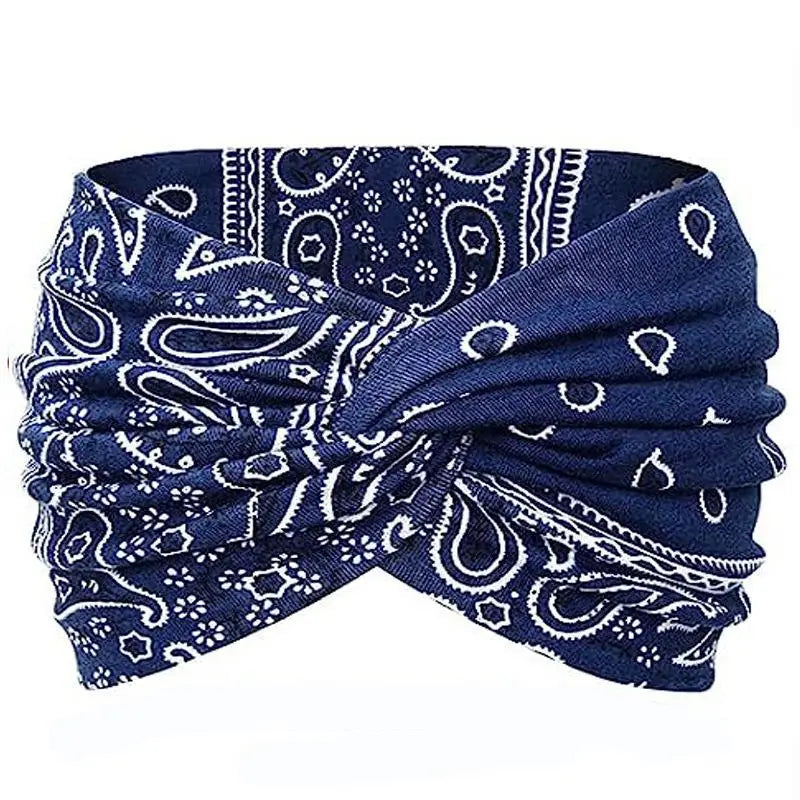 Paisley Twist Turban Headband – Wide Non-Slip Stretch Hair Wrap Turban Headband Qst navy blue