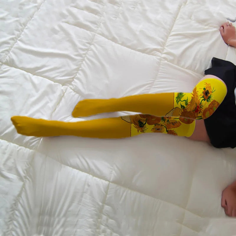 Van Gogh Art Print Thigh High Stockings – Starry Sky & Sunflower Thigh High Stockings Qme