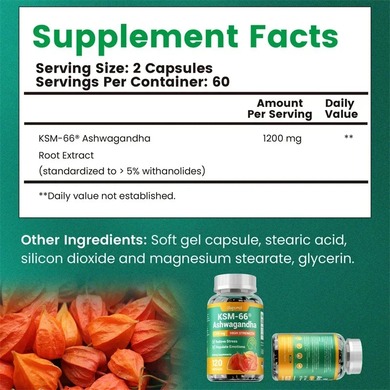 KSM-66 Ashwagandha Capsules 1200mg – Adaptogen Supplement Herbal Supplement Qst