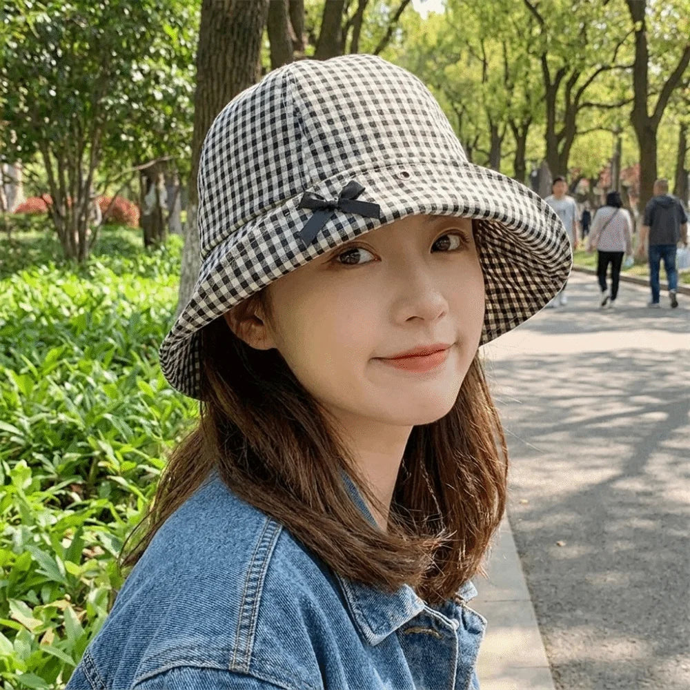 Black Bowknot Plaid Bucket Hat | Gingham Wide Brim Bucket Hat Qme