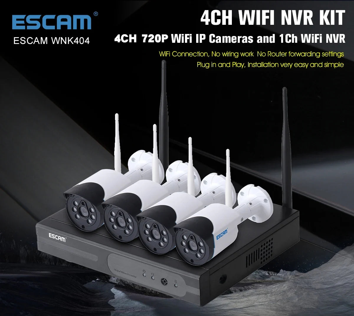 ESCAM WNK404 4CH 1080P Outdoor Wireless Security Camera NVR Wireless Security System Qme